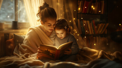 A mother and child enjoying a quiet moment of connection and reflection in a cozy reading nook, surrounded by books and blankets, with soft lighting and warm colors creating a sens