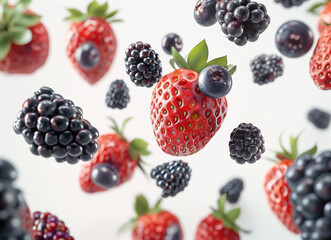 Fruit mix, blueberries strawberries and blackberries on a white background.