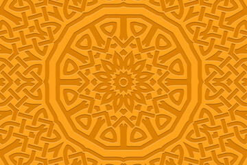 Embossed bright yellow background, tribal vintage cover design. Geometric unique 3D pattern. Handmade, doodling, ornaments. Ethnic style, traditions of the East, Asia, India, Mexico, Aztec, Peru.