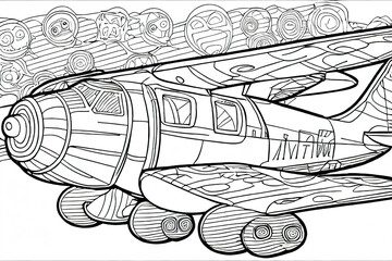 kid's coloring book, airplane, cartoon, thick lines, black and white, white background, Ai generated