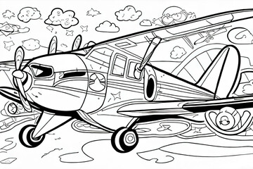 kid's coloring book, airplane, cartoon, thick lines, black and white, white background, Ai generated