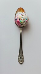 ice cream spoon with colorful confetti on white background, copy space, minimalistic