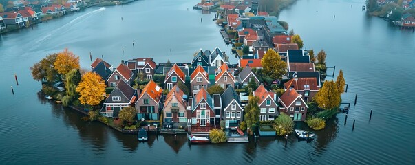 Naklejka premium Aerial view of houses on the water, Scheendijk, Netherlands.