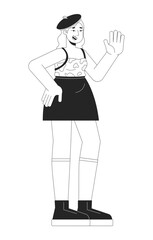 Pretty curvy woman waving hand black and white 2D line cartoon character. Caucasian female with overweight isolated vector outline person. Body positive fashion monochromatic flat spot illustration