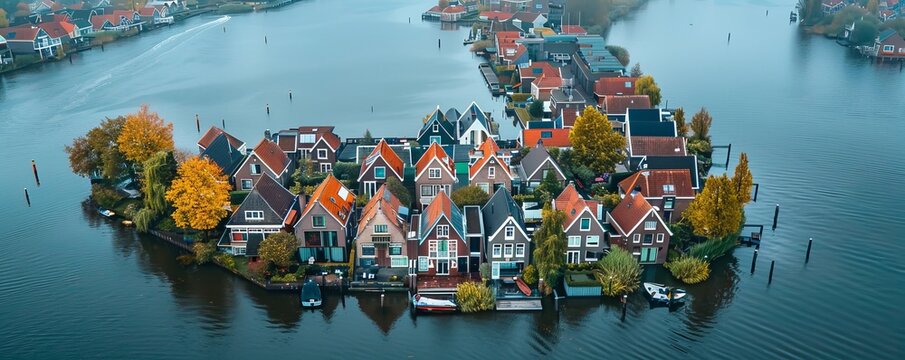 Aerial view of houses on the water, Scheendijk, Netherlands.