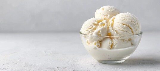 vanilla ice cream in an elegant glass bowl, light background, minimalistic