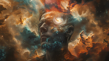 A man with a galaxy swirling in his eyes, standing against a backdrop of cosmic stars and nebulae