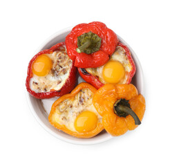 Delicious stuffed peppers with eggs in bowl isolated on white, top view