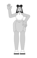Latina female with overweight raising hand black and white 2D line cartoon character. Plus sized hispanic woman greeting isolated vector outline person. Curvy lady monochromatic flat spot illustration