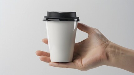 white coffee glass with a black lid in a person's hand on a white background, copy space