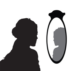 Young woman looking through the mirror and smiling. Self love. Love yourself. Vector eps