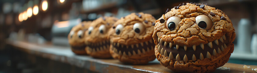 A pack of cookies with sharp, chocolate chip teeth, nibbling away at a cafe - Powered by Adobe