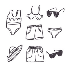 a set of hand drawn swimsuits , shorts , sunglasses , hats and a surfboard
