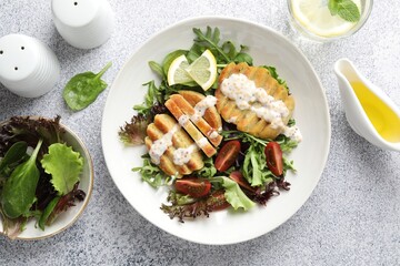 Flat lay composition with healthy dish high in vegetable fats on light textured table