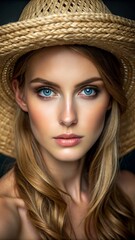 Beautiful woman with blue eyes and straw hat, portrait photography, beautiful skin, beautiful face details, professional studio lighting