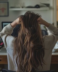 Fototapeta premium a woman with long hair stressed rubbing head from headache. Work deadline stress concept.