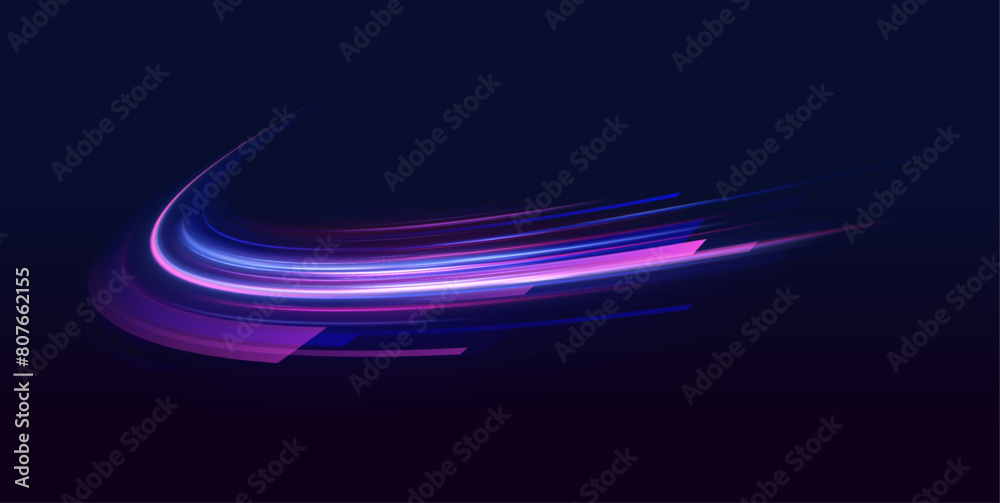 Poster Abstract long exposure dynamic speed light trails background. Generative ai. Light trails, golden glitter glow and sparkling flare spiral swirls on transparent background. 