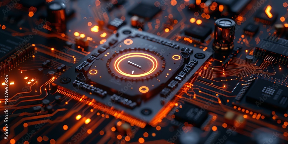 Aufkleber time technology concept with clock symbol on a microchip. orange neon data flows between users and t