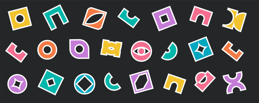 Contemporary brutalism sticker element design set, basic decorative y2k symbol illustration for poster and pattern, abstract simple brutal shape vector, minimal futuristic funky figure graphic.