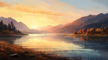 The sun is casting a golden glow as it sets over a tranquil lake surrounded by trees, creating a serene natural landscape with a calm horizon