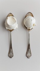 two ice cream spoons on white background, copy space, minimalistic