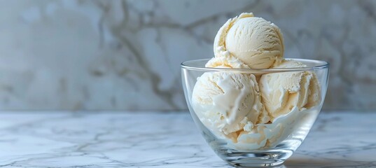 vanilla ice cream in an elegant glass bowl, light marble background, minimalistic, copy space