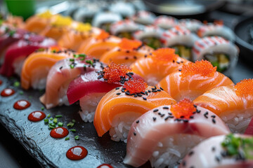 Beautiful display of sushi art on a black slate plate, emphasizing the precision of Japanese sushi chefs.. AI generated.