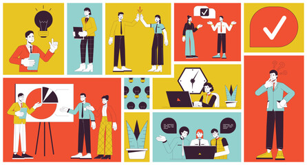 People working in office bento grid illustration set. Company team. Corporate job 2D vector image collage design graphics collection. Employee engagement flat characters moodboard layout