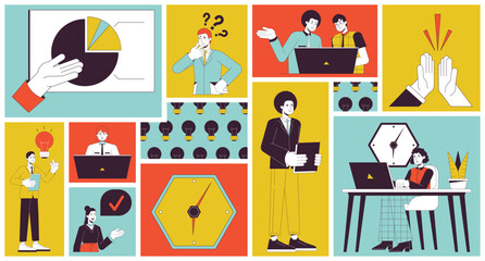 Brainstorming office workers bento grid illustration set. Collaboration working together 2D vector image collage design graphics collection. Ideas creative team flat characters moodboard layout