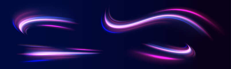 Lines in the shape of a comet against a dark background. Vortex streams of neon light. Magic of moving fast lines. Laser beams, horizontal light rays. Vector.	