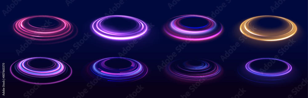 Poster Abstract bright neon loop with transparency. Glowing spiral cover.Neon light circle of speed in the form of a round whirlpool.	