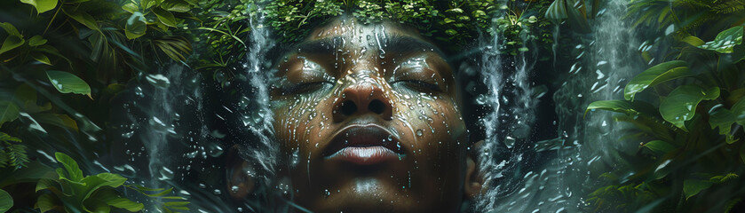 A surreal portrait of a man whose face opens up to reveal a cascading waterfall, set in a lush, green tropical forest