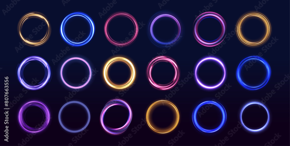 Poster Neon ellipse in the form of speed. Glowing spiral. Abstract neon color glowing lines background. The energy flow tunnel. Shine round frame with light circles light effect.	