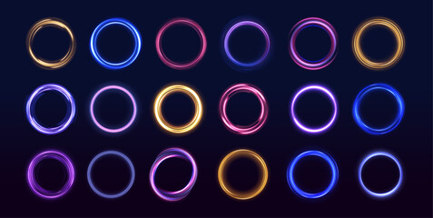 Neon ellipse in the form of speed. Glowing spiral. Abstract neon color glowing lines background. The energy flow tunnel. Shine round frame with light circles light effect.	