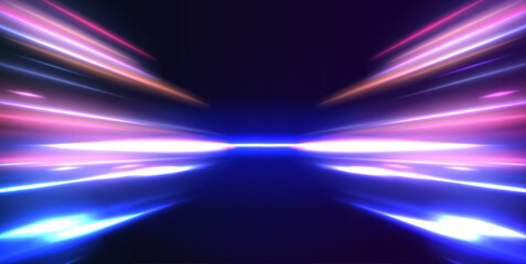 Abstract neon light rays background. A colorful motion background of city light trails. Vector speed of light in space on dark background.	