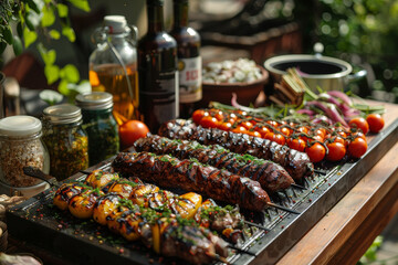 Obraz premium An outdoor BBQ scene with smoky meats and grilled vegetables on a sunny day.. AI generated.