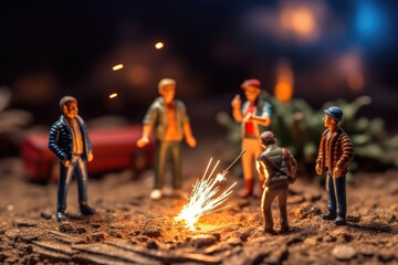 Group of small figurines standing around a campfire in a circle, illuminated by the flickering flames. They appear to be engaged in conversation and storytelling