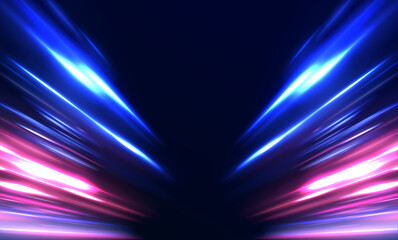 Sport car is made of polygons. Horizontal speed lines connection vector background. Light trail wave, fire path trace line, car lights, optic fiber and incandescence curve twirl. 