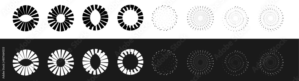 Fototapete Abstract round halftone frames, rotating dotted circles on black background. Dot circle pattern. Orange round halftone dot patterns. Spiral halftones frame. Set of swirl abstract ripple elements. PNG