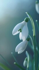 Fototapeta premium Serene Snowdrop Emergence: Snowdrop's delicate bloom in extreme close-up, serene white petals.