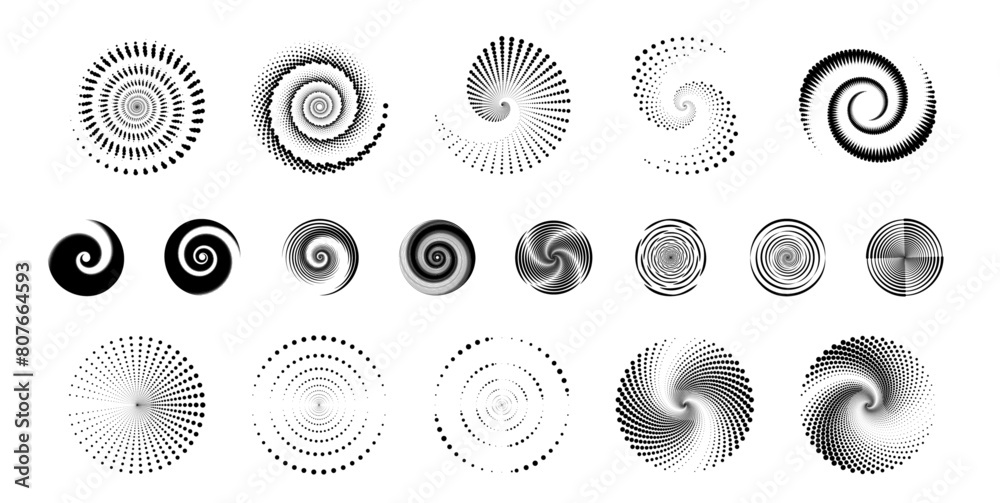 Fototapete Big collection of round Logos. Circle dotted speed lines. Abstract round halftone circle frames, rotating dotted circle shapes. Vector PNG format.	