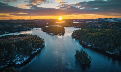 Fototapeta premium Aerial views of windfarm and wind energy station. Finnland