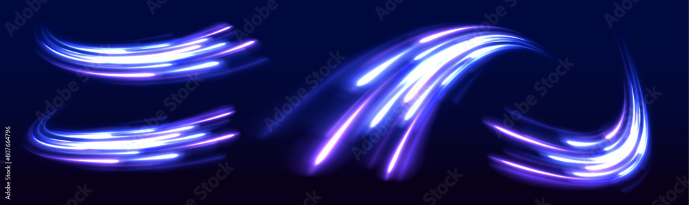 Poster Rotating dynamic neon circle. Colored shiny sparks of spiral wave. Curved bright speed line swirls. Abstract background rotational border lines.	