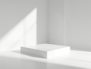 Clean and modern white podium with geometric shadows in a bright space.