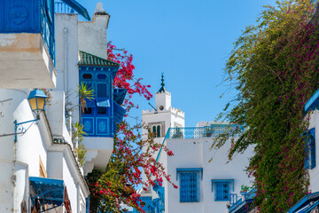 Maisons traditionnelles tunisiennes et mosquée dans le village de Sidi Bou Saïd