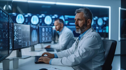Two healthcare workers analyze medical statistics and patient information on multiple computer screens in a control center