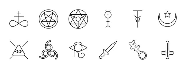 Sect set icon. Pentagram, Sigil of Baphomet, ritual dagger, sacrifices, inverted cross, Satan, 666, eye, key, crescent with star, infinity sign, worship, belief, faith, persuasion. Cult concept.