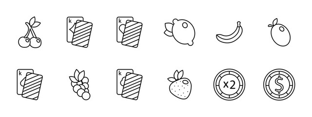 Casino set icon. Cards, suits, fruits, win, bet, doubling, chip, money, king, diamond, hearts, spades, banana, risks, excitement, ardor, lemon, cherry, strawberry, dollar, stake. Gambling concept.