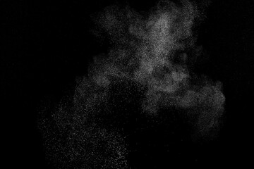 White texture on black background. Dark textured pattern. Abstract dust overlay. Light powder explosion	
