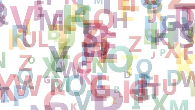 Animated abstract flying alphabet letters background. Seamless looping